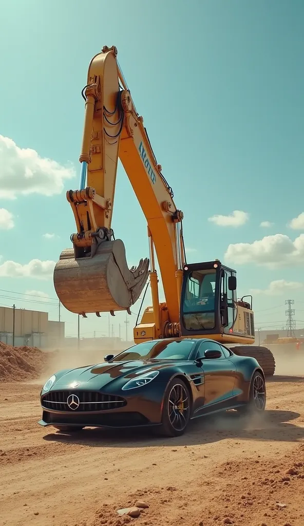 English: The camera starts from a dynamic low-angle shot, emphasizing the excavator's massive size compared to the luxury car parked in a dusty lot. The clear sky and industrial background enhance the sense of impending destruction.
