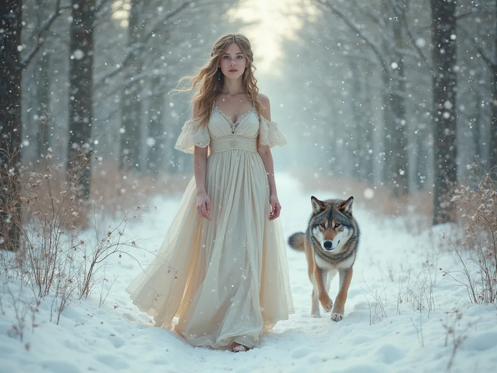 Natural woman from the front, in open historical dress, dreamy in the midst of a quiet, snowy forest landscape. Soft light filters through the snow-covered trees and a wolf runs next to her