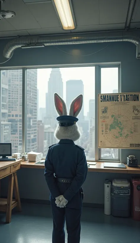 A small police station in the middle of the bustling city. inside, gray bunny in police uniform, neat hat, stands in front of a sign with a map of the city and a photo of a dangerous robber. Panoramic camera angle.