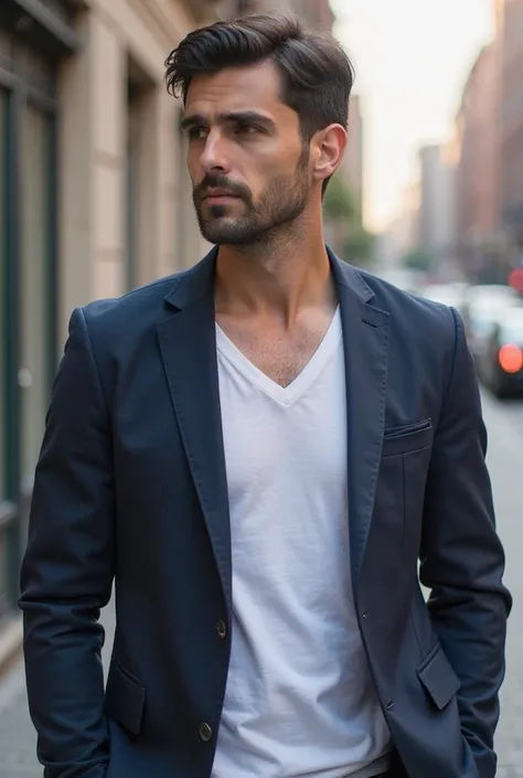 "A confident man standing sideways, wearing a navy blue blazer and white V-neck T-shirt. He has neatly styled dark hair, a well-groomed beard, and a focused expression. The background is a softly blurred urban setting with natural light highlighting his pr...