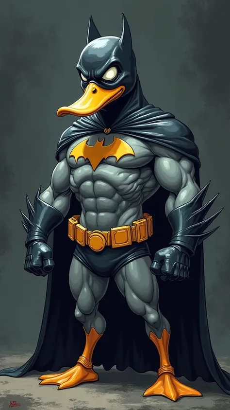 Un canard musclé et sérieux avec un costume de Batman, style dessin