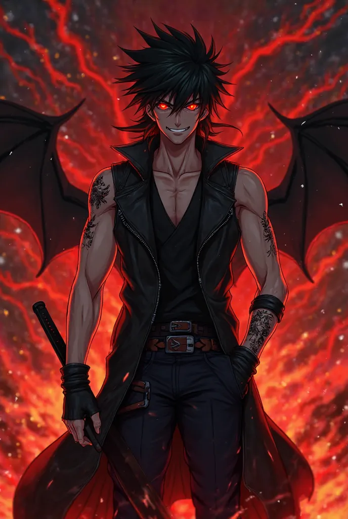 Anime Character Image Prompt: Devilish Male Warrior

Main Features:

1. Hair: Wild, messy black hair with dark red streaks, slightly spiked at the top. A few loose strands fall over his face, giving him a rugged, untamed look.


2. Eyes: Intense crimson re...