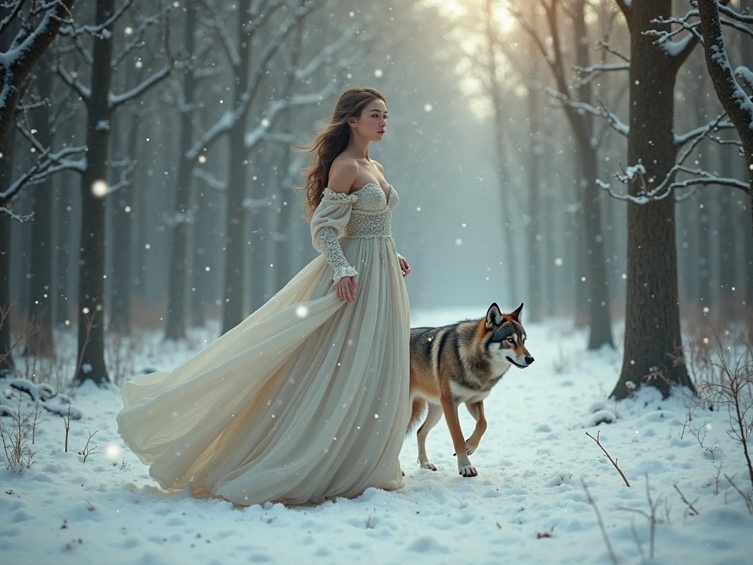 Natural woman from the front, in open historical dress, dreamy in the midst of a quiet, snowy forest landscape. Soft light filters through the snow-covered trees and a wolf runs next to her