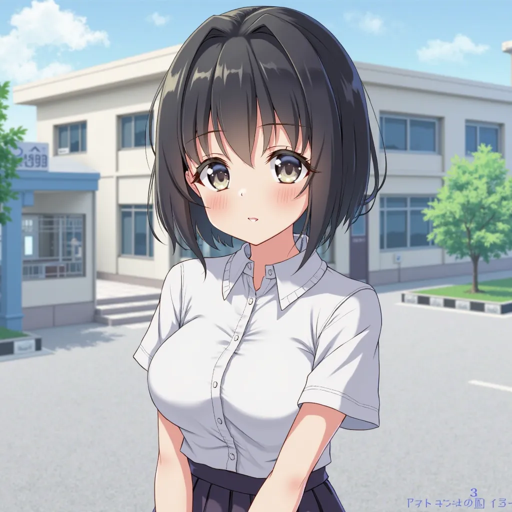 High Resolution、While feeling a little ashamed、A shirt with a wide chest、big breasts、Black bob that sticks to the shoulders、Clear eyes、Realistic resolution、 shiny、The background is junior high school、school building, about above the knee、Uniform with a ski...