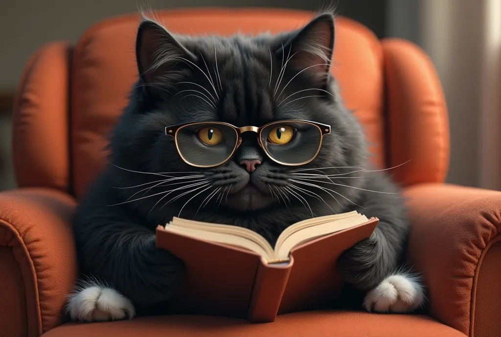 **Black cat with white paws, chonker cat, sitting in a chair with glasses on, reading a book.** The cat’s chubby cheeks and round body make it look even more adorable as it flips through the pages. The scene is rendered as a digital masterpiece, with reali...