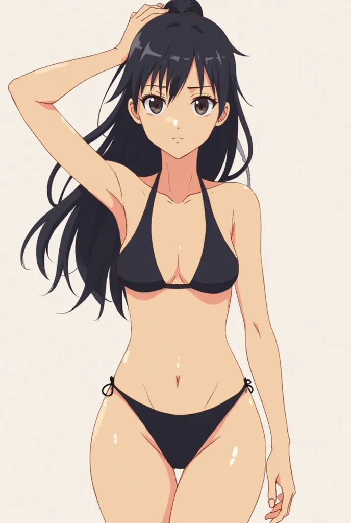 masterpiece, best quality, very aesthetic, absurdres, safe, Anime-style illustration of Yoruichi Shihouin from Bleach, drawn in official anime/manga art style. She wears only a black bikini. The image is minimalist with flat colors and clean lines. The bac...