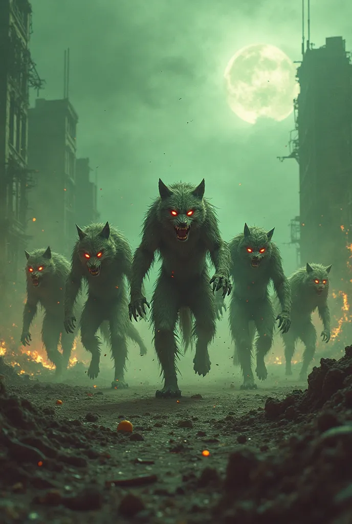 Generate, with the maximum number of frames, a fight between five nahuals, human werewolves, against radioactive mutant dogs and giant radioactive mutant wolves, similar to zombies.