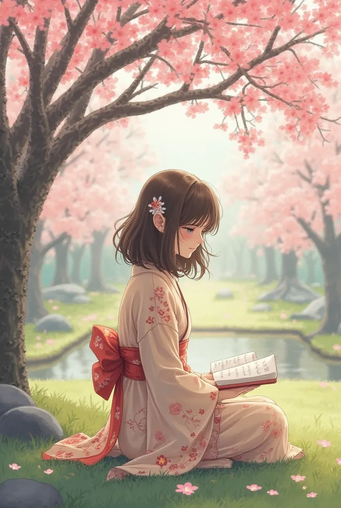 Imagine a girl with wavy brown Japanese hair sitting reading under a Japanese cherry tree