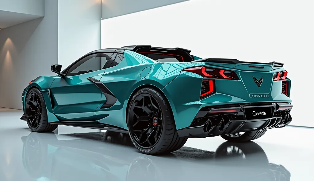 An ultra-detailed 3D render of a futuristic 2025 Chevy Corvette pickup truck, captured from a close back view. The truck features a gleamy teal shiny color with black accents, a large white detailed grille inspired by the Rolls-Royce Spectre, black alloy w...