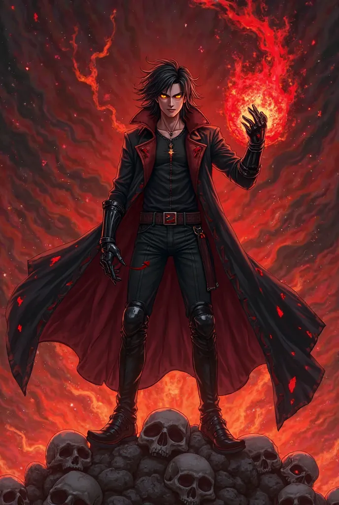 Anime Character Image Prompt: Hellfire Overlord

Main Features:

1. Hair: Shoulder-length, wavy jet-black hair with streaks of deep crimson, flowing wildly as if affected by an unseen force.


2. Eyes: Glowing molten gold eyes with vertical slit pupils, bu...