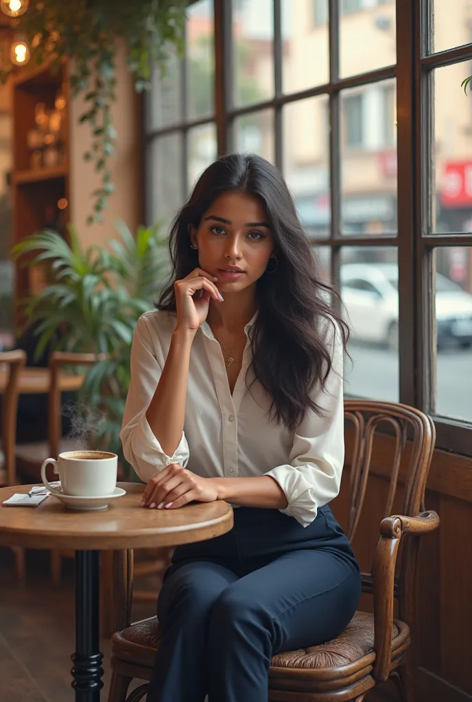 A 22 ur old indian girl in an office wear waiting at a cafe for someone.