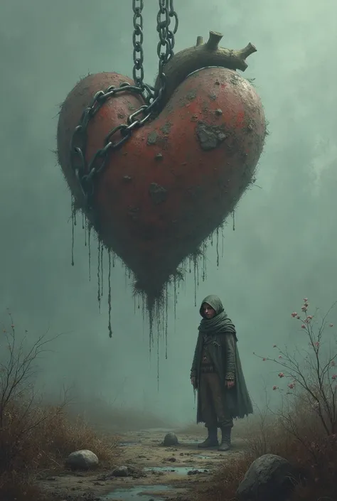 Create an image of a chained heart with a drifter living close to it