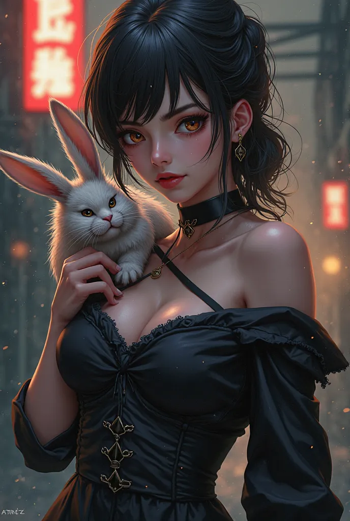 beautiful, strong, assassin anime woman, smiling devilishly with bunny, fully clothed, brown eye, ATNZ logo