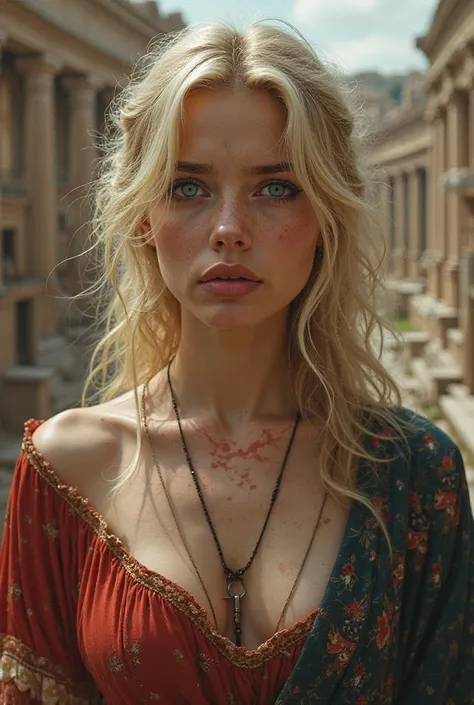 Beautiful blonde with blue eyes against the background of Rome with an arrow sticking out of her chest 