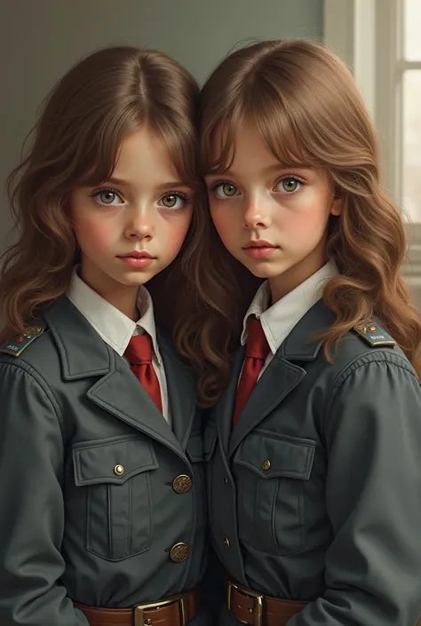 I want to go with two young realistic fantasy brown hair twin girls in this picture. They are young, pretty, innocent, and impressionable. the twins have to be identical. I don’t want different colors or different shading. wearing a worrier uniform