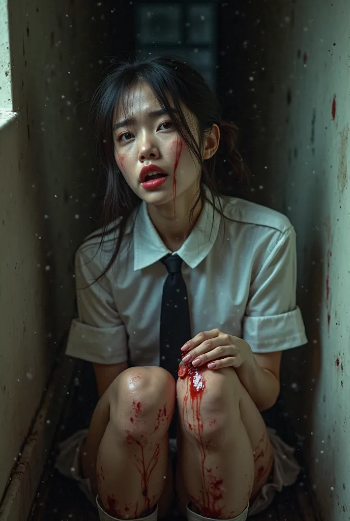 A beautiful Asian woman, nsfw, uniform with tie, micro miniskirt, long boots, suffering expression, crying, heavy bleeding from her thigh, ((with a cutter blade impaled in her thigh)), (a man is cutting her thigh with a cutter),(best quality,4k,8k,highres,...