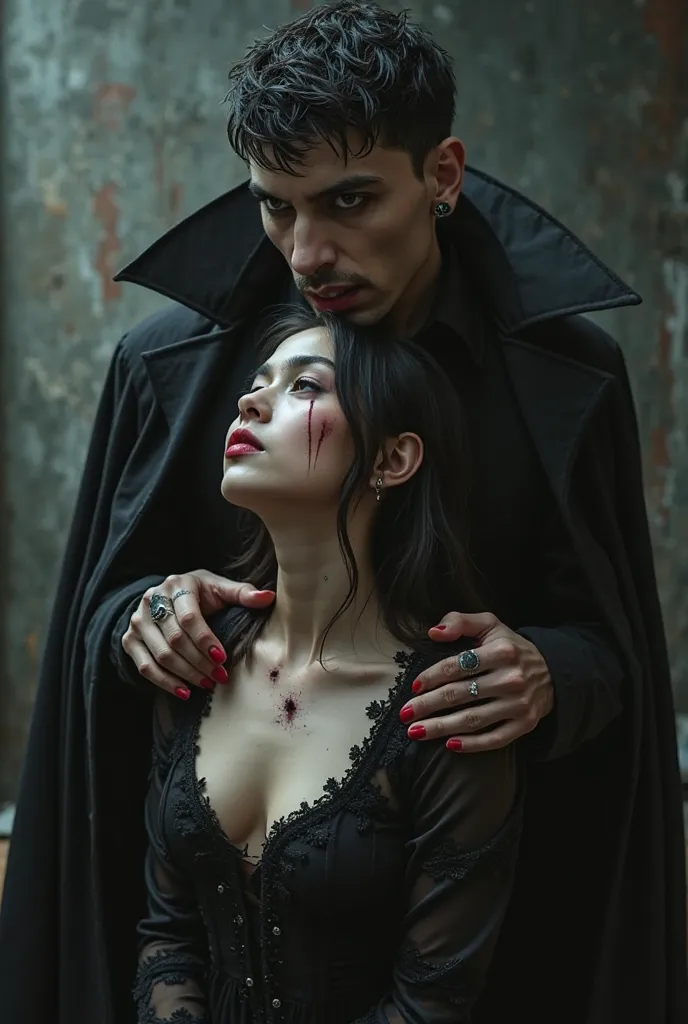 A handsome and dangerous vampire man, standing behind a demure, unattractive goody two shoes girl. The man's Vampire canine teeth are opened, and blood coming out of the corner of his lips. They are posing intimately, with a bloody bite mark on the woman's...