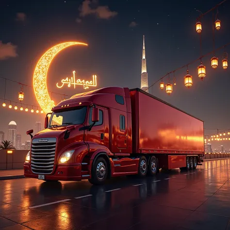 A stunning digital artwork celebrating Ramadan, featuring a sleek and polished red transport truck prominently parked under a beautifully lit night sky. The truck reflects the golden glow of traditional Ramadan lanterns, which hang elegantly from above. A ...