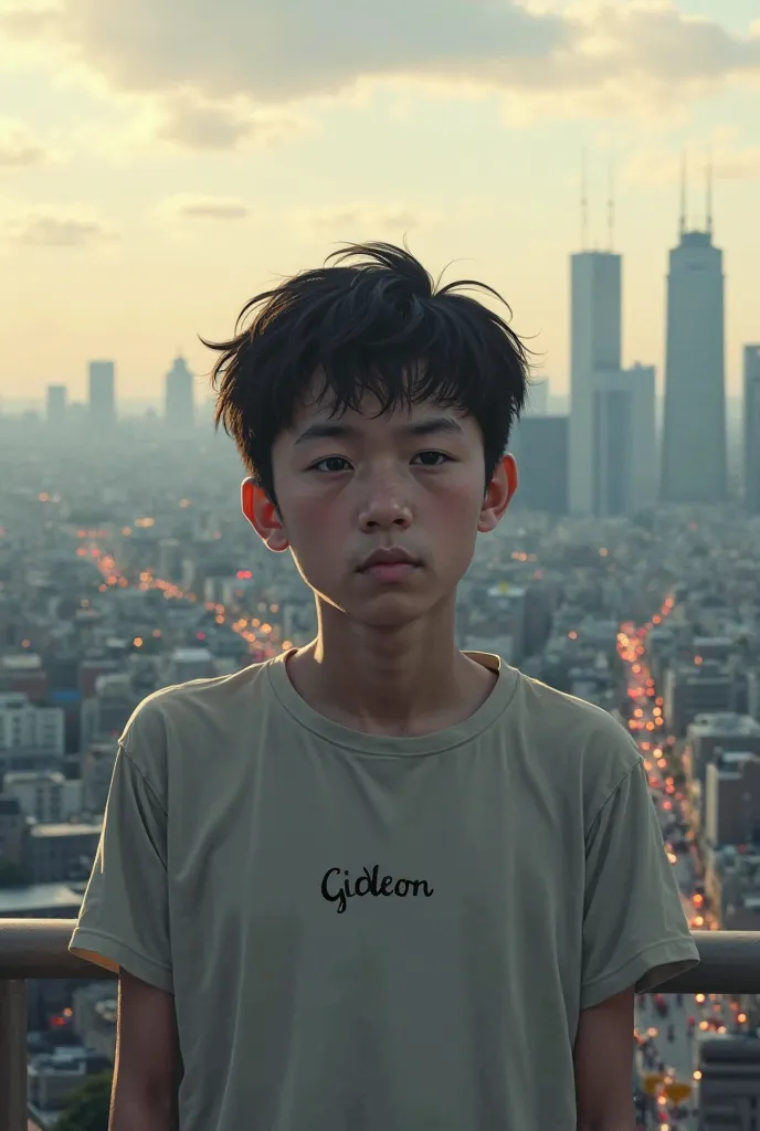 A young sad man looking at a city with T shirt written GIDEON