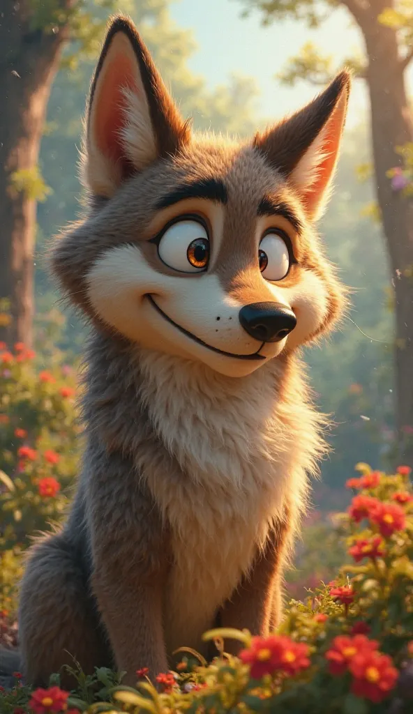 Make a tempted wolf with an idea, Disney pixar style 