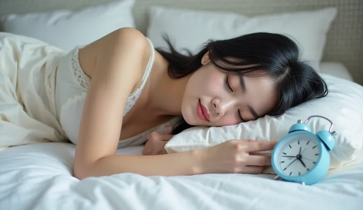 A cute 18-year-old woman with long black hair is sleeping on a white bed, lying on her stomach with her head resting on a fluffy white pillow. She has a curvy figure and is wearing elegant, lacy sleepwear. Her right hand is gently reaching towards a small ...