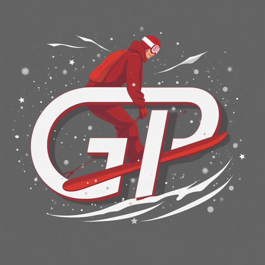 An isologotype for a ski club. The brand name is GP. The logo must contain ski boards and snow-related elements, Use red colors,  white and gray . the brand's slogan is "Concession". I allow you to integrate the elements creatively. GP typography must be i...