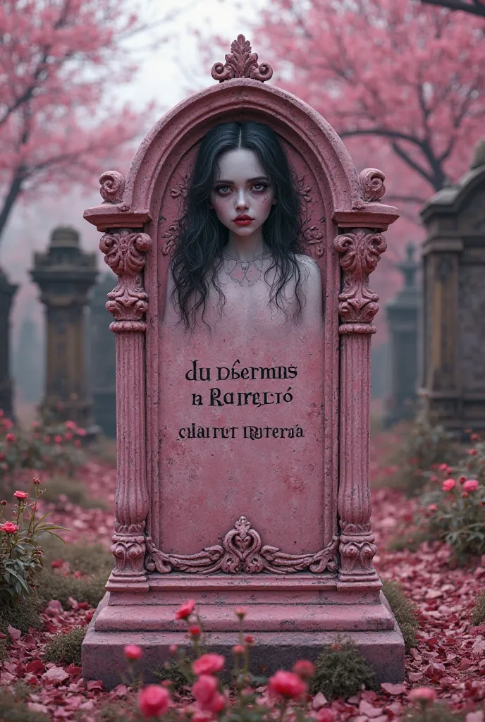 Create a gravestone in a pink cement cemetery style vampire girl, and that the headstone has a sign with the following text in Spanish "She didn't leave, You made her go" ,  Realistic style photo . 