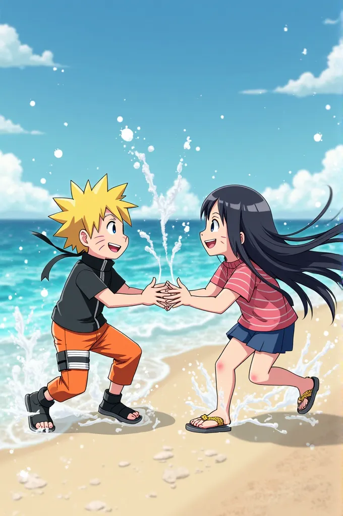 Generate an image of Boruto and Himawari on the beach splashing water