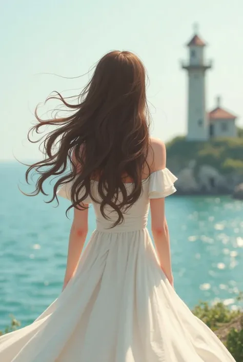 Generate an image of "A person in a white dress, back to the viewer, long brown wavy hair blowing in the wind, looking out at a calm sea. Blurry background, abandoned lighthouse in the distance. Style: blend of Chinese illustration and Disney animation.  F...