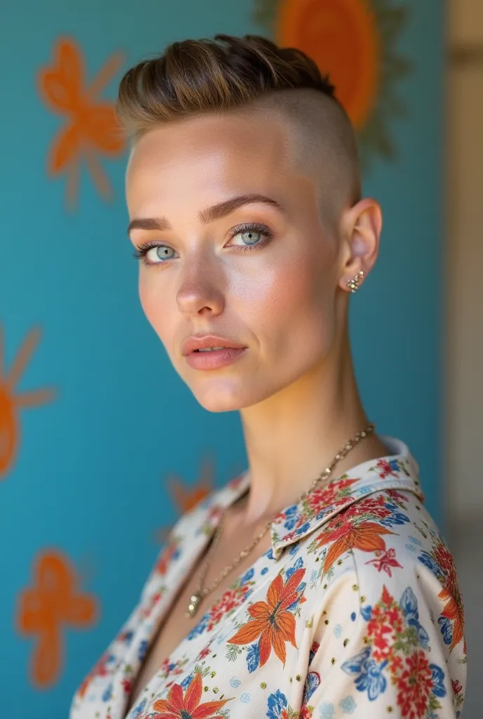 A woman with fair skin and blue eyes, stud earrings standing in front of a colorful background with blue and orange tones, wearing a casual floral shirt. She has a bold, shaved under a razor Head, showing a confident and expressive look. } minimal makeup ,...