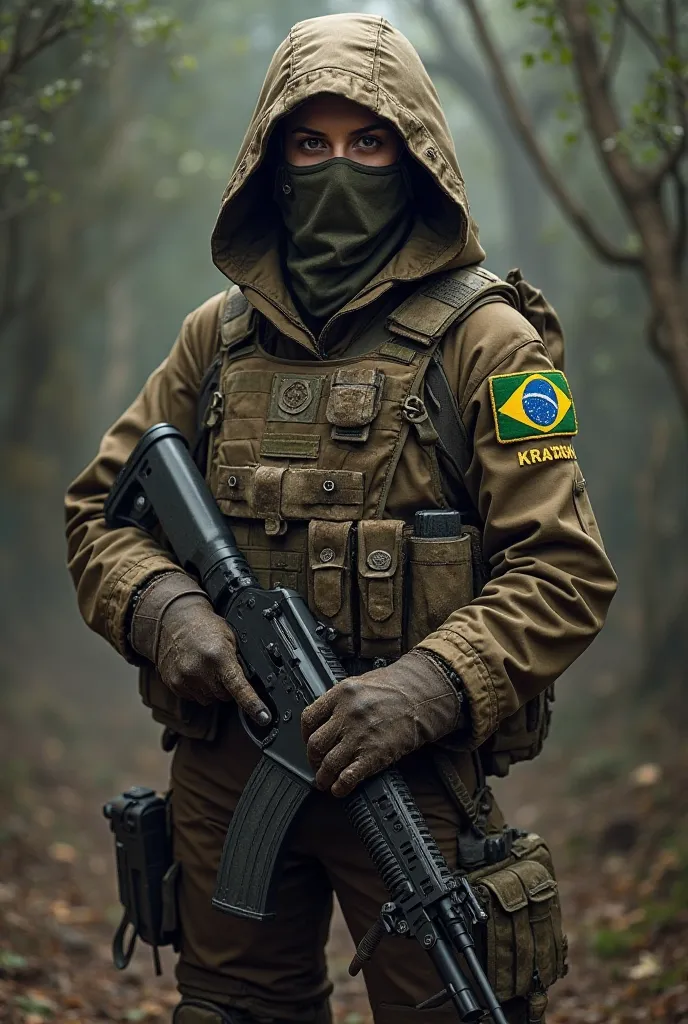 Create a soldier in brown color with a hood and uniform eyeglass mask and a brown camouflage vest holding an AK47 riff with a knife around her waist and the Brazilian flag on her arm 