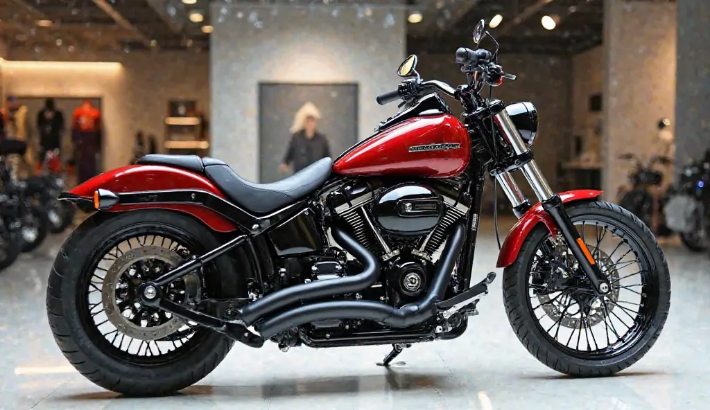 Harley Davidson softail  side look BEAUTIFUL has a sleek design bike stand on showroom real look image. Red color