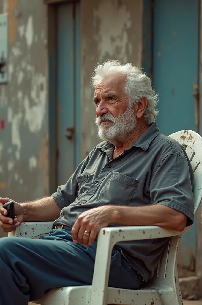 75-year-old brunette man sitting on a very relaxed dirty white plastic chair ,with his left hand holding cell phone , and his right arm resting on the armrest of the chair with his hand open upwards