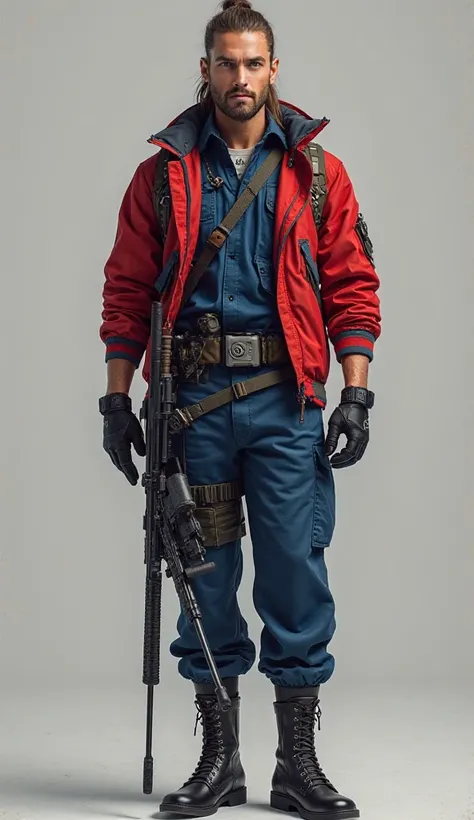 man/ high/ strong/ full body/ Long brown hair tied in a ponytail/  blue eyes/Red military jacket/ Blue shirt underneath/Blue military pants/ belt with weapons / Black half finger gloves/ Black Military Boots/ Hold a sniper rifle/  Pistol in the leg holster...