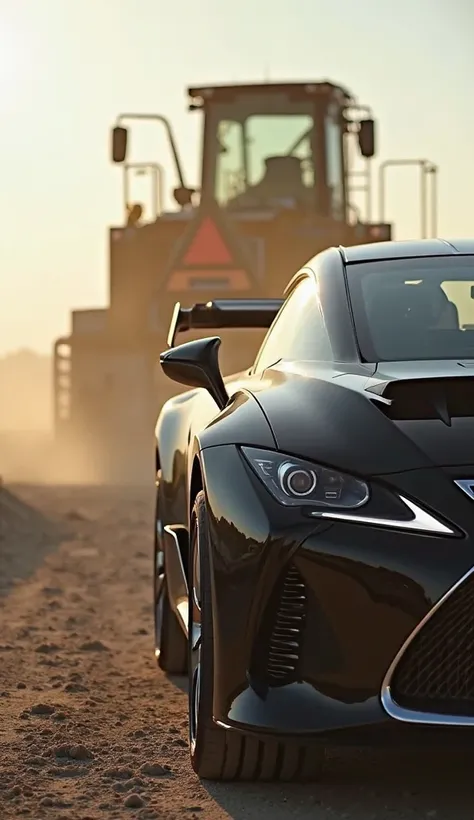 English: The camera starts from a low-angle shot, highlighting the sleek body of a black Lexus parked in a dusty lot. In the background, the massive excavator approaches, building suspense. Light dust swirls in the air, enhancing realism.
