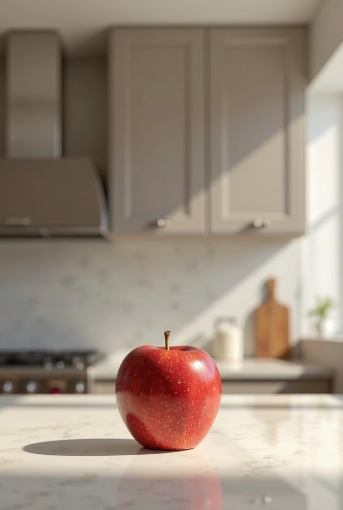 Create a photo or image of a minimalist apple and a kitchen in the background 