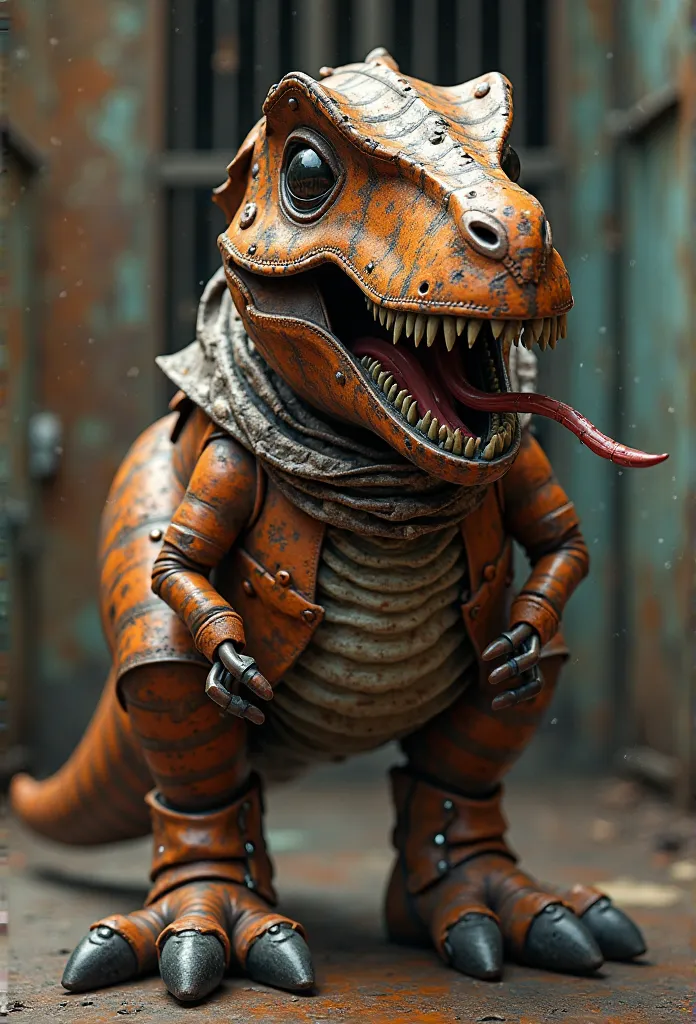 “A hyper-realistic, ultra-high-definition 4K render of a bizarre yet charming creature, a vintage Tyrannosaurus made entirely of old, corroded metal. Its body is primarily metal, with a slightly dulled, worn texture, showcasing signs of rust, scratches, an...