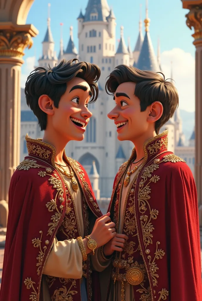 two royal big brothers laughing in front of the castle, realistic animation