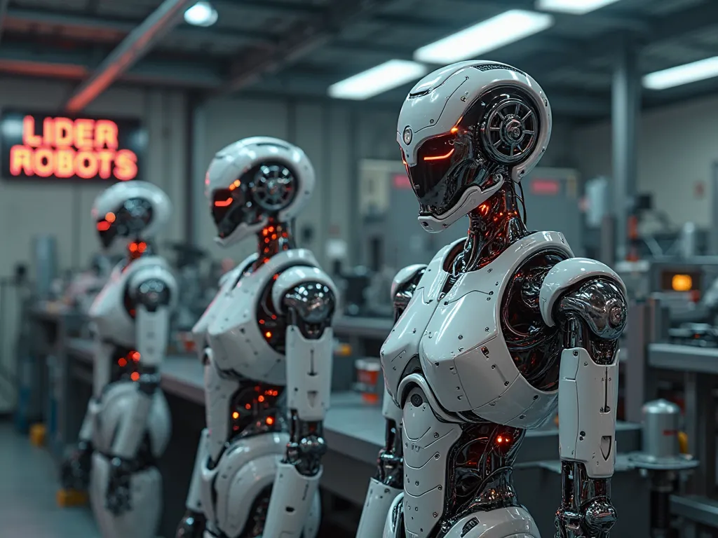 This is a modern robot factory. There are signs, like on the wall, 
and on the equipment that does the work, the factory's inscription - “LC BASE 51". 
On the robotic bodies, the 3d inscription “LIDER ROBOTS”, glows and is illuminated from the inside. 