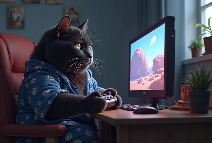 Black cat with white paws, chonker cat, dressed in pajamas, sitting in front of a computer playing video games.** The cat’s chubby paws are on the controller, eyes intently focused on the screen. This very realistic digital artwork captures every detail of...