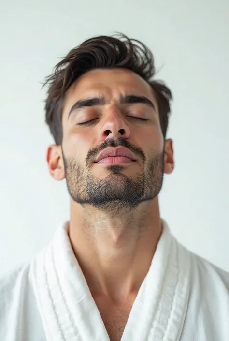 Handsome man in white on white background meditating picture in youtube format 