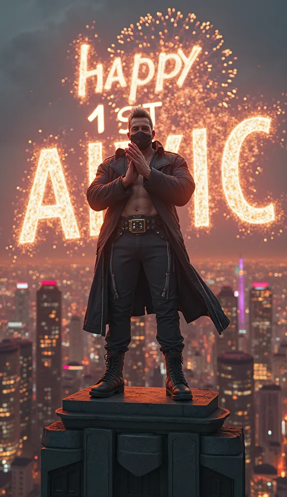 professional photography, cinematic shot, octane renderings, ultra-wide shot with low angle view of a middle-age well build lean physique man wears a steampunk Middle Age jacket and pants . He also wear cyberpunk steampunk mouth-mask . His hair is black wi...