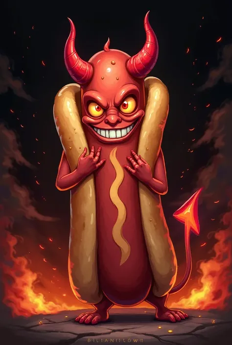 A logo of a hot dog dressed as a devil 