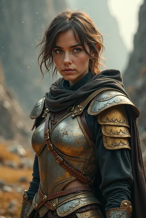 Generate an image of a warrior woman with short, slightly messy, layered hair, with brown, black, gray, silver colors, leather accessories, boots, exposed legs, golden armor, pleasant atmosphere, pleasant composition, epic scenery background, dramatic and ...