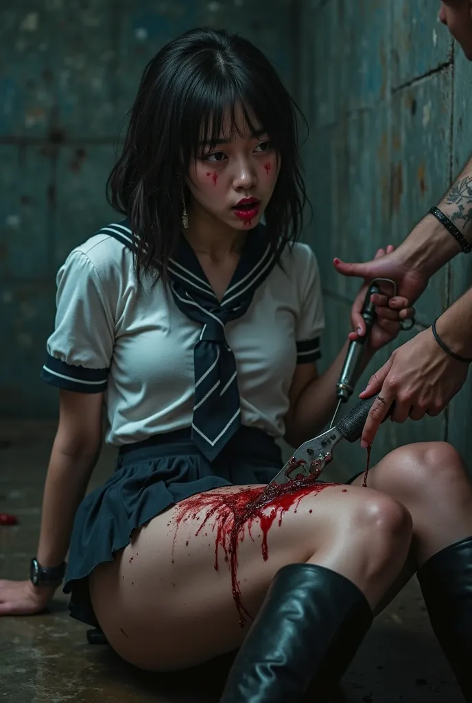 A beautiful Asian woman, nsfw, school suit with tie, micro miniskirt, long boots, suffering expression, crying, heavy bleeding from her thigh, ((((with a cutter blade impaled in her thigh)))), (((a man is cutting her thigh with a cutter))),(best quality,4k...