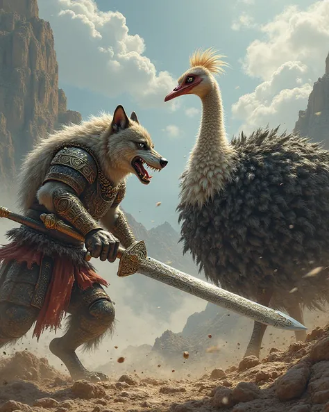 Fight between a ferocious wolf warrior in armor and an obese ostrich warrior in armor ! Their engraved swords clash.