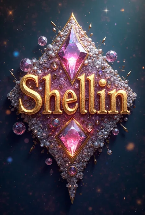 Logo with gold letters with the name Shellin with a royal background encrusted with diamonds in the background with combinations of pink and blue 