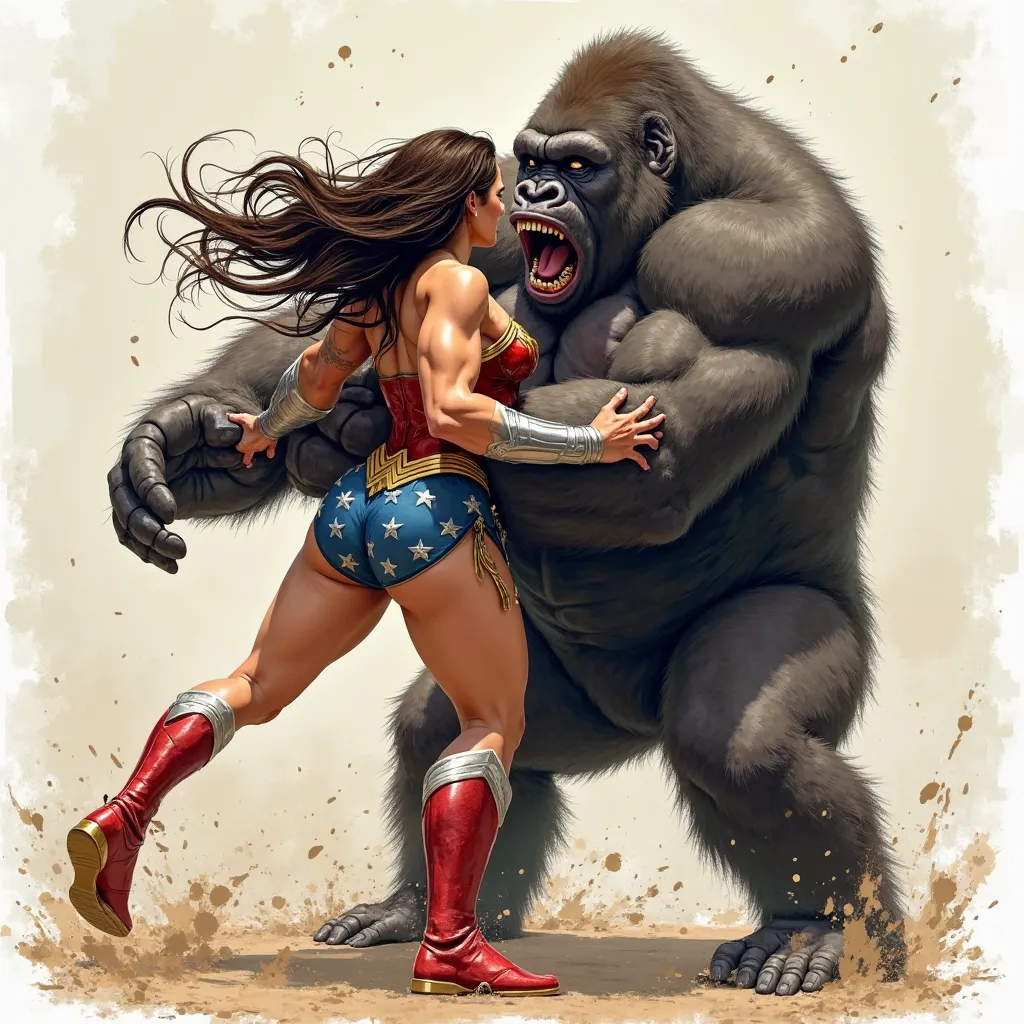 handpainting comic, backside view from above, a wonder woman, dark brown hair, struggled by a large muscular gorilla,  The background is a neutral