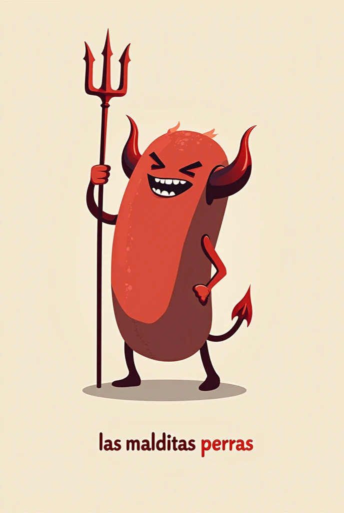 A hot dog that is dressed as a devil and holds a trident, Let it be minimalist style and that under the logo it says LAS MALDITAS PERRAS