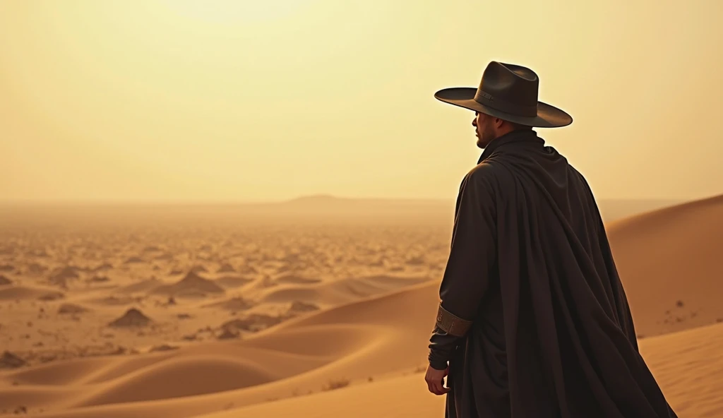 A man looks at the desert. A man in a black hat and black shirt and black pants. A view of the desert from a man's back. A man stands on the right. Focus on the man close-up.